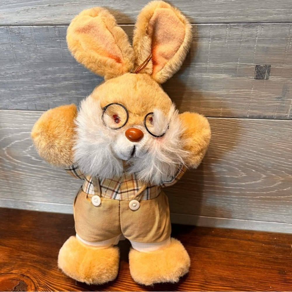 Tan Plush Rabbit Bunny‎ Funland Glasses Plaid Shirt Suspenders Stuffed Standing